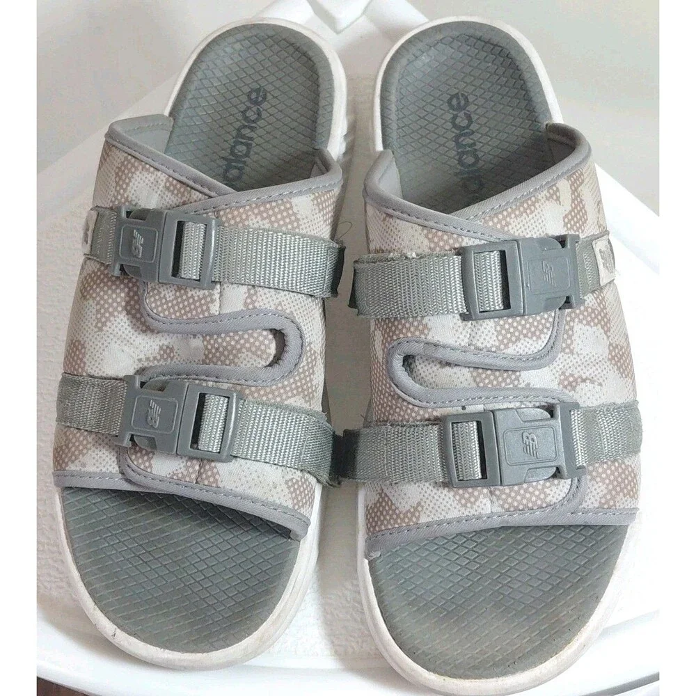 New Balance Men's Green/Brown Camo Adjustable Hook Loop Straps Casual Slides 9?
